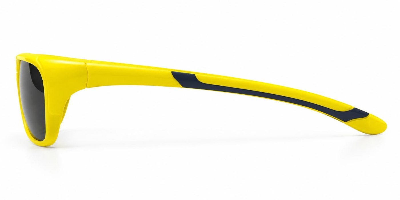 FOE 1661 Kids Polarised Sunglasses Yellow Sporty Wrap - yellow with navy temples rectangle sunglasses, view 3