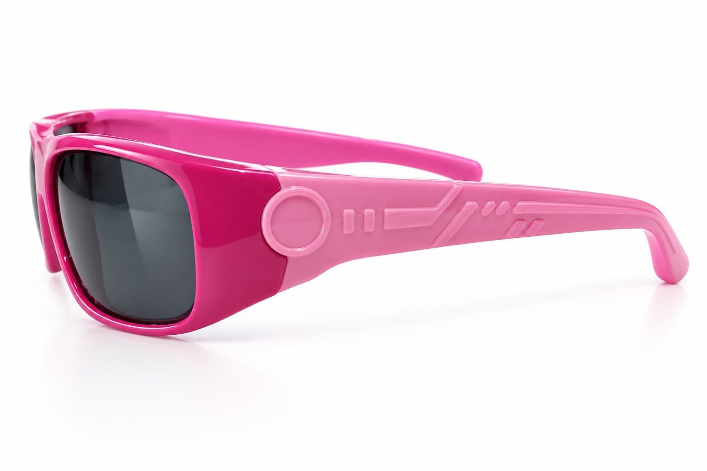 FOE 1662 Kids Polarised Sunglasses Pink Sporty Wrap - pink with light pink temples rectangle sunglasses, view 2