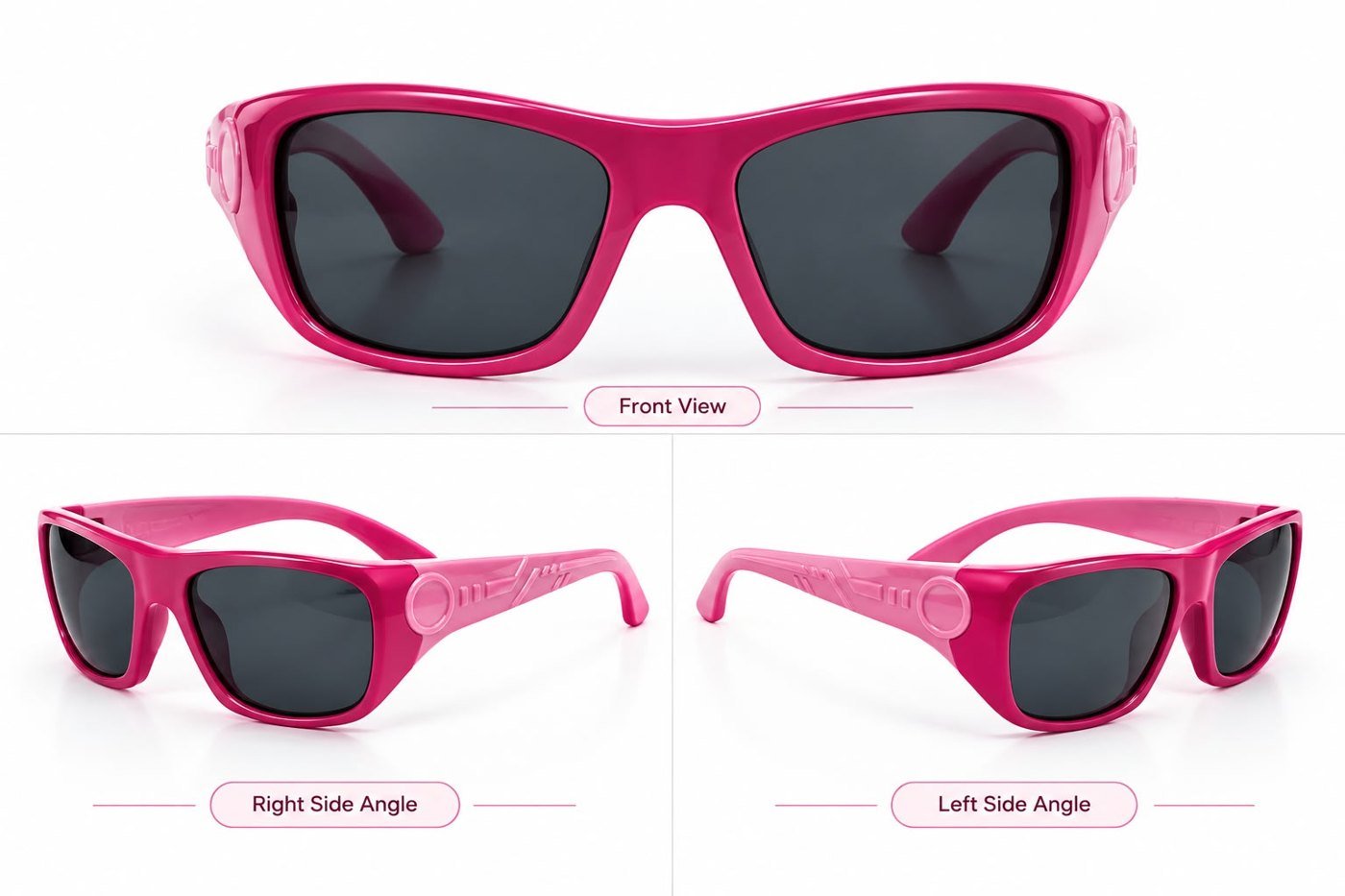 FOE 1662 Kids Polarised Sunglasses Pink Sporty Wrap - pink with light pink temples rectangle sunglasses, view 3