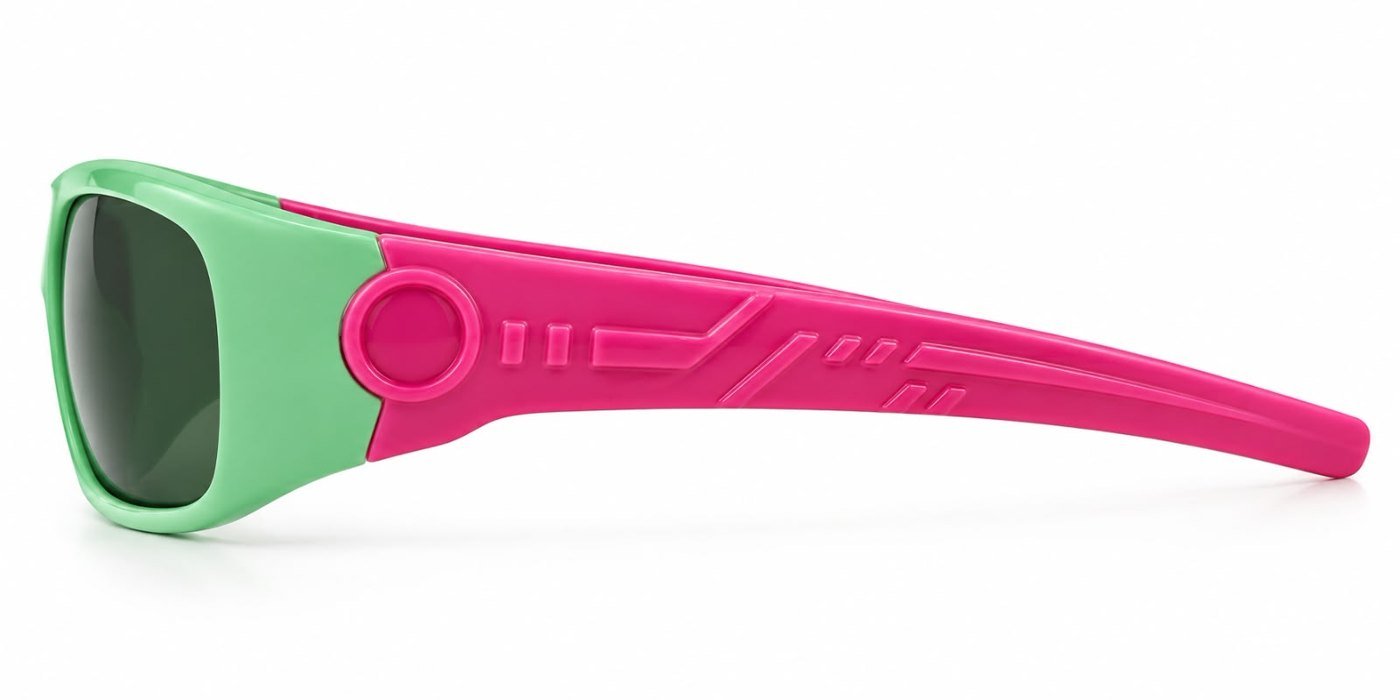 FOE 1663 Kids Polarised Sunglasses Mint Green Sporty Wrap - mint green with pink temples rectangle sunglasses, view 2