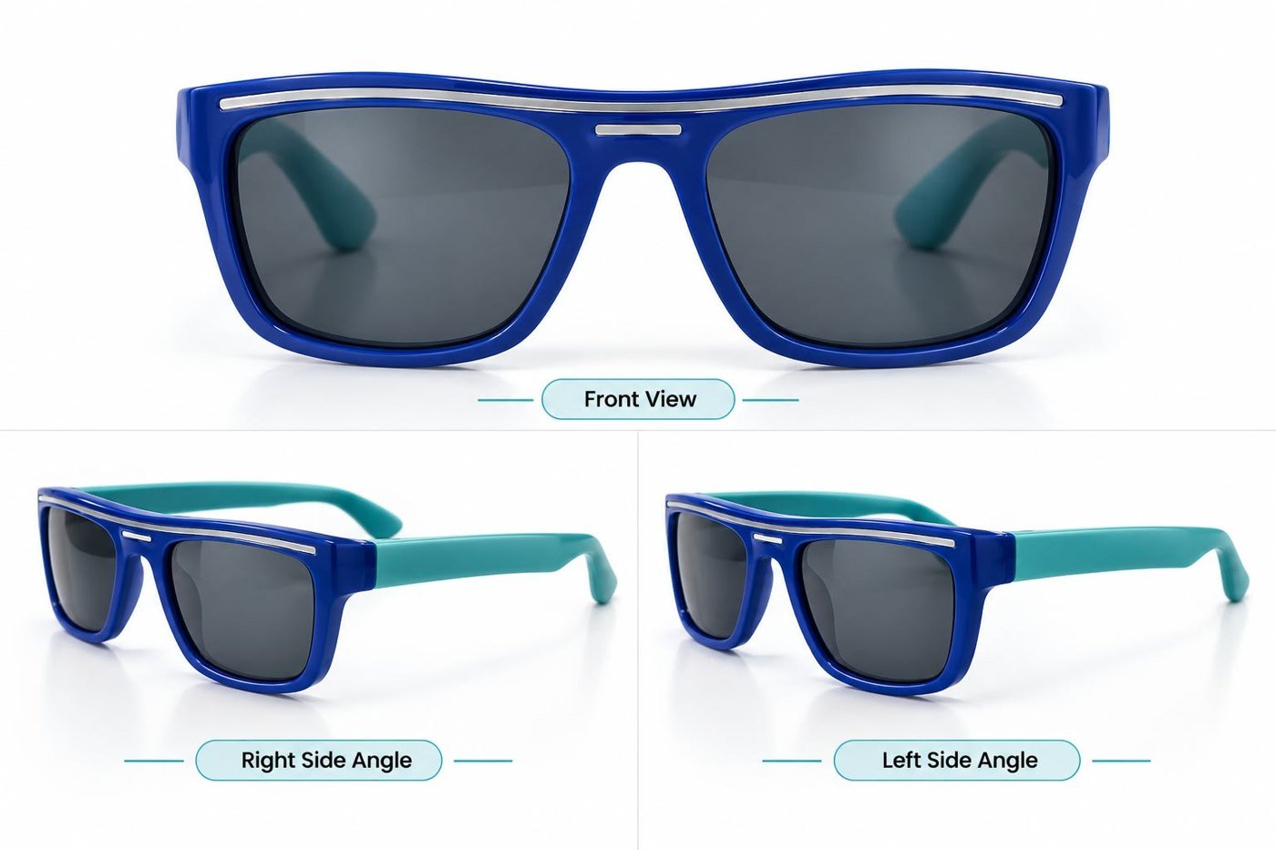 FOE 1664 Kids Polarised Sunglasses Blue Wayfarer - royal blue with teal temples sunglasses, view 3