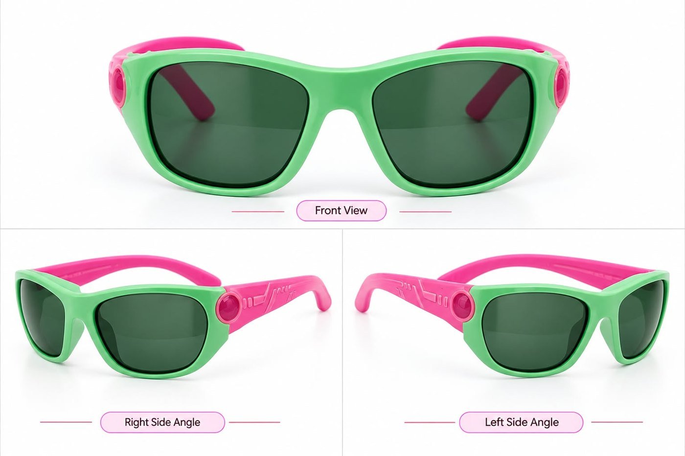 FOE 1663 Kids Polarised Sunglasses Mint Green Sporty Wrap - mint green with pink temples rectangle sunglasses, view 3